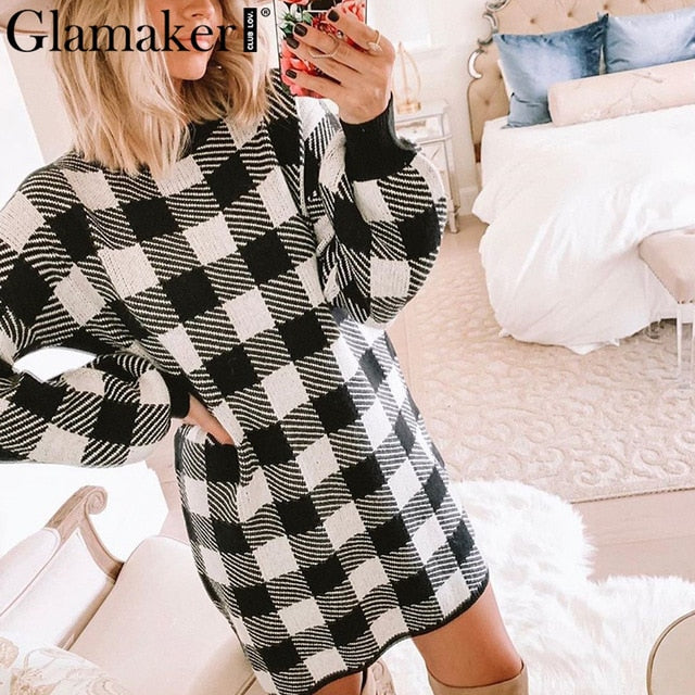 Glamaker Plaid knitted crop sexy autumn Dress women long sleeve winter sweater dress Sexy female fashion party mini dress 2020|Dresses