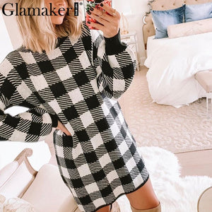 Glamaker Plaid knitted crop sexy autumn Dress women long sleeve winter sweater dress Sexy female fashion party mini dress 2020|Dresses