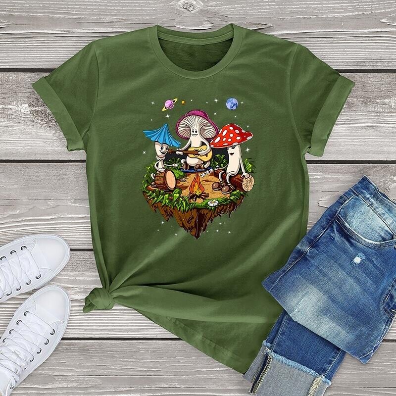 Psychedelic Forest Mushroom Tee Festival Summer Casual Oversized Camping T-shirt