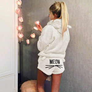 Women Coral Velvet Suit Two Piece Autumn Winter Pajamas Warm Sleepwear Cute Cat Meow Pattern Hoodies Shorts Set 2018 New