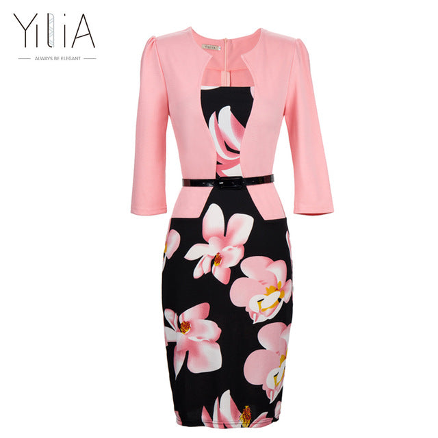 Yilia New Women One Piece Patchwork Floral Print Elegant Business Party Formal Office Plus Size Bodycon Pencil Casual Work Dress