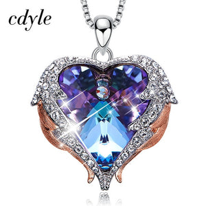 Cdyle Fashion Women Copper Material Necklace with Colorful Crystal Angel Wings Heart Pendant Necklace Birthday Party Gift