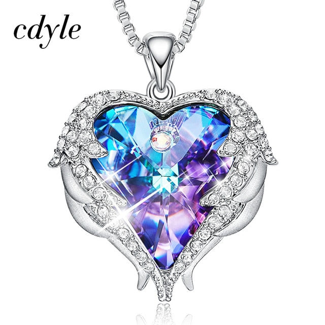 Cdyle Fashion Women Copper Material Necklace with Colorful Crystal Angel Wings Heart Pendant Necklace Birthday Party Gift