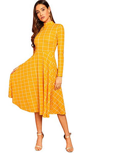 Floerns Women's High Neck Plaid Fit and Flare Midi Dress