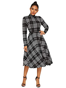 Floerns Women's High Neck Plaid Fit and Flare Midi Dress
