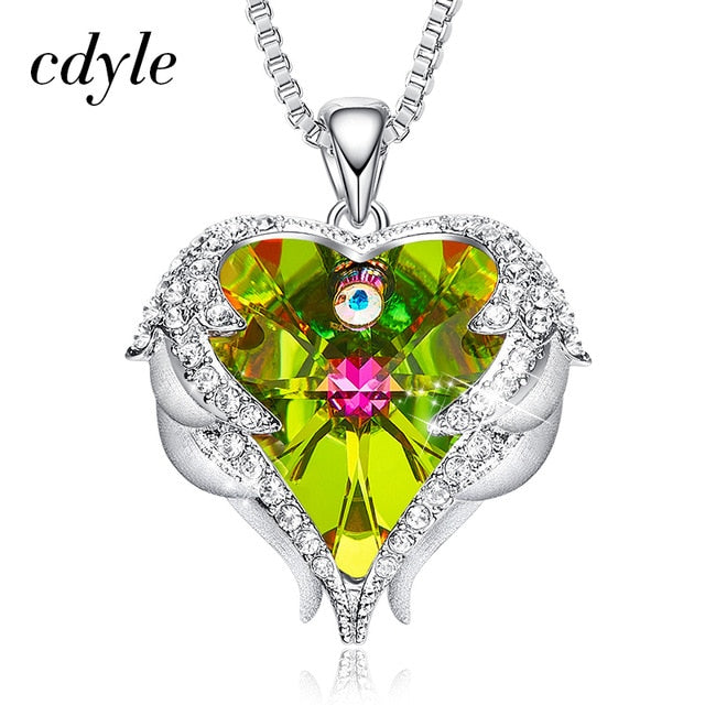 Cdyle Fashion Women Copper Material Necklace with Colorful Crystal Angel Wings Heart Pendant Necklace Birthday Party Gift