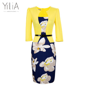 Yilia New Women One Piece Patchwork Floral Print Elegant Business Party Formal Office Plus Size Bodycon Pencil Casual Work Dress