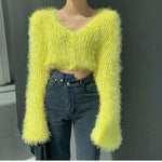 Load image into Gallery viewer, Woherb Sexy Short Cardigan Women Knitted Fluffy Mohair V-neck Sweater Coat 2022 Elegant Crop Long Sleeve Autumn Thin Korean Chic - Cardigan
