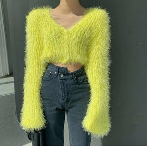 Woherb Sexy Short Cardigan Women Knitted Fluffy Mohair V-neck Sweater Coat 2022 Elegant Crop Long Sleeve Autumn Thin Korean Chic - Cardigan