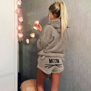 Women Coral Velvet Suit Two Piece Autumn Winter Pajamas Warm Sleepwear Cute Cat Meow Pattern Hoodies Shorts Set 2018 New