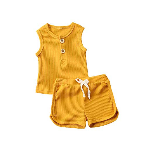 Newborn Baby Boys Girls Summer Outfits Infant Ribbed Knitted Cotton Short Sleeve T-Shirt + Shorts Two Piece Clothes Set