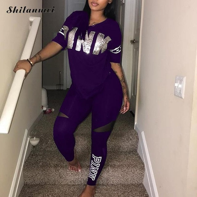 Women Set PINK Letter Print Sweatsuit Women Casual Plus Size Tops Skinny Pants Sweat Suit Two Piece Tracksuit 2 Piece Set S XXXL