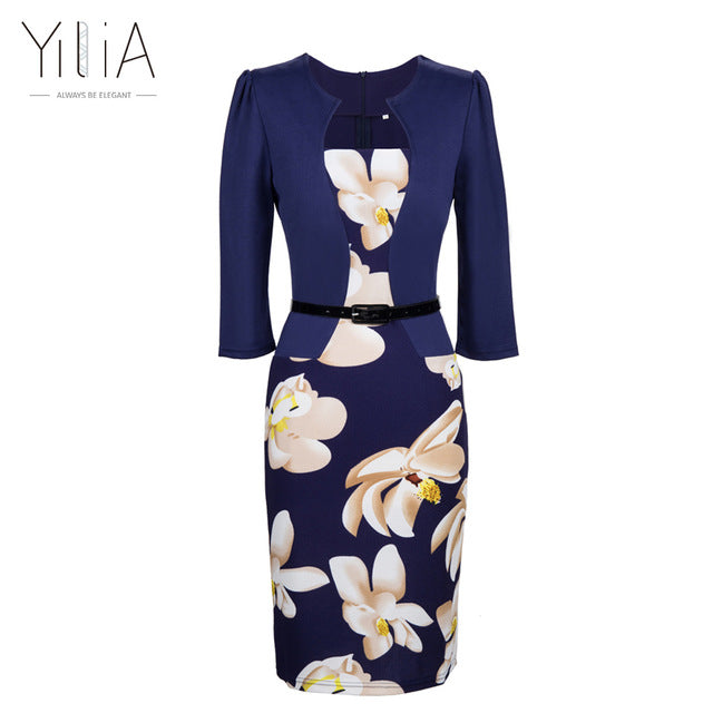 Yilia New Women One Piece Patchwork Floral Print Elegant Business Party Formal Office Plus Size Bodycon Pencil Casual Work Dress