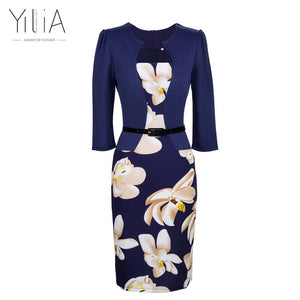 Yilia New Women One Piece Patchwork Floral Print Elegant Business Party Formal Office Plus Size Bodycon Pencil Casual Work Dress