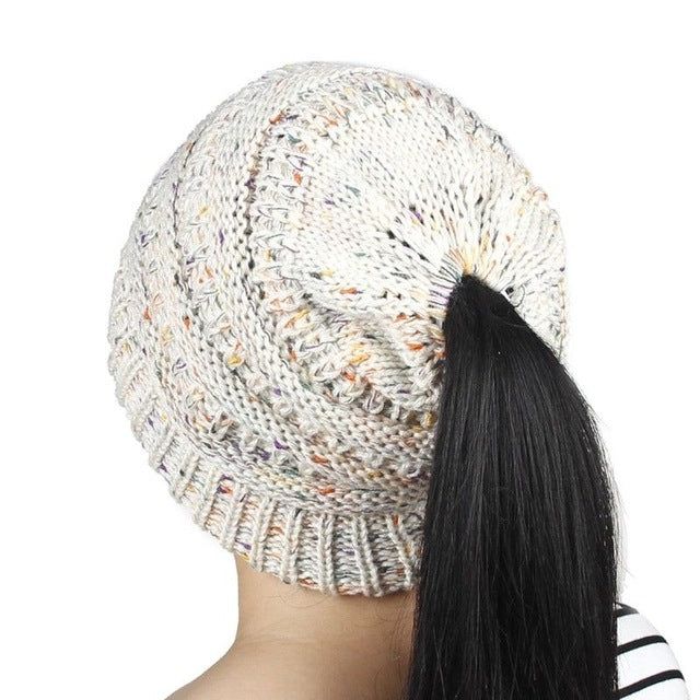 Women's Girl Stretch Knit Hat Messy Bun Ponytail Beanie Holey Warm Hats Winter