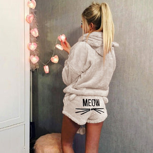 Women Coral Velvet Suit Two Piece Autumn Winter Pajamas Warm Sleepwear Cute Cat Meow Pattern Hoodies Shorts Set 2018 New