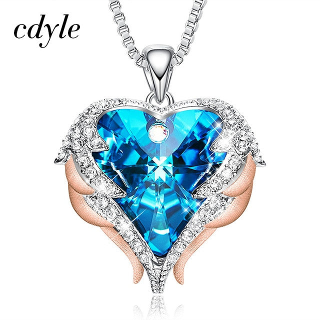 Cdyle Fashion Women Copper Material Necklace with Colorful Crystal Angel Wings Heart Pendant Necklace Birthday Party Gift