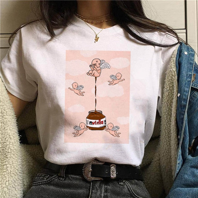 2020 Nutella Print T Shirt Women 90s Harajuku Kawaii Fashion T shirt Graphic Cute Cartoon Tshirt Korean Style Top Tees Female|T-Shirts