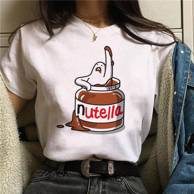 2020 Nutella Print T Shirt Women 90s Harajuku Kawaii Fashion T shirt Graphic Cute Cartoon Tshirt Korean Style Top Tees Female|T-Shirts