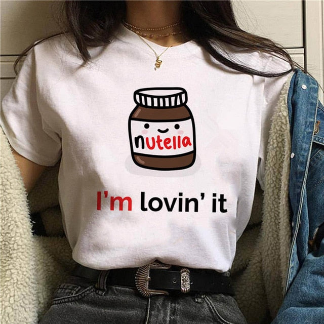 2020 Nutella Print T Shirt Women 90s Harajuku Kawaii Fashion T shirt Graphic Cute Cartoon Tshirt Korean Style Top Tees Female|T-Shirts