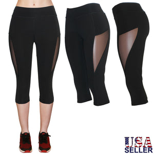 Women's High Waist Black Capri Yoga Pants Leggings W/Mesh Cutout, Workout, Gym