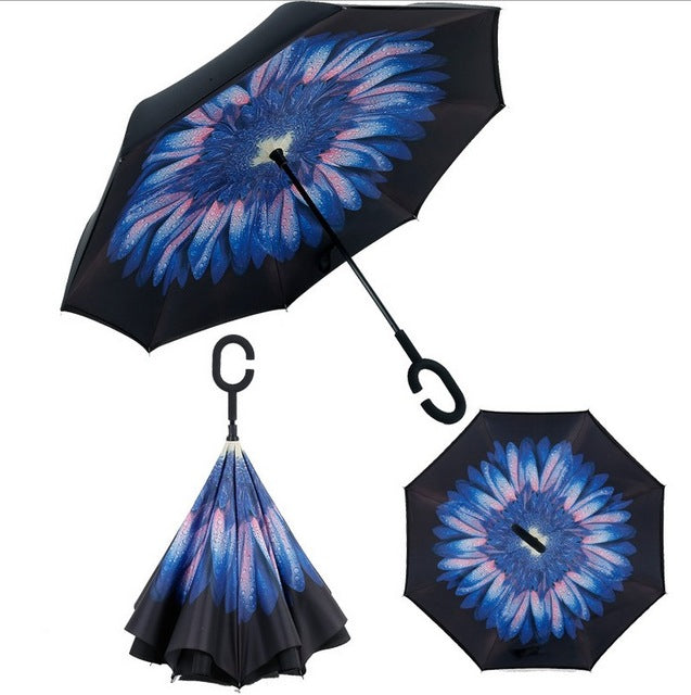 Windproof Reverse Folding Double Layer inverted car Umbrella Self Stand upside down women's rain umbrella c handle drop shipping