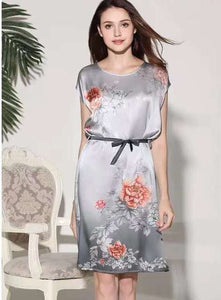 100% Silk Straight Dress Natural Pure Silk Women Dress Summer New Desigual Charmeuse Satin Dress Flower Printed Pattern Grey|dress flower