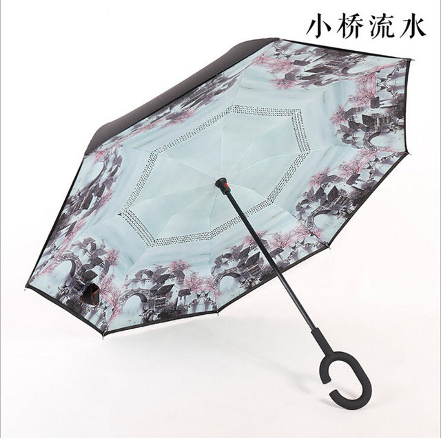 Windproof Reverse Folding Double Layer inverted car Umbrella Self Stand upside down women's rain umbrella c handle drop shipping