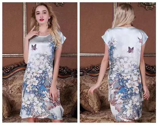 100% Silk Straight Dress Natural Pure Silk Women Dress Summer New Desigual Charmeuse Satin Dress Flower Printed Pattern Grey|dress flower