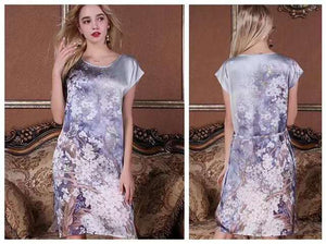 100% Silk Straight Dress Natural Pure Silk Women Dress Summer New Desigual Charmeuse Satin Dress Flower Printed Pattern Grey|dress flower