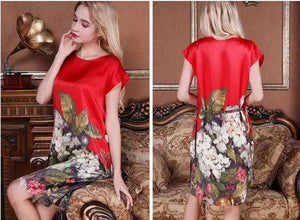 100% Silk Straight Dress Natural Pure Silk Women Dress Summer New Desigual Charmeuse Satin Dress Flower Printed Pattern Grey|dress flower