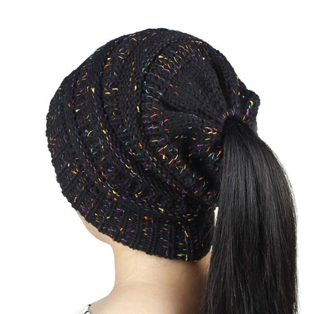 Women's Girl Stretch Knit Hat Messy Bun Ponytail Beanie Holey Warm Hats Winter