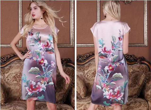 100% Silk Straight Dress Natural Pure Silk Women Dress Summer New Desigual Charmeuse Satin Dress Flower Printed Pattern Grey|dress flower