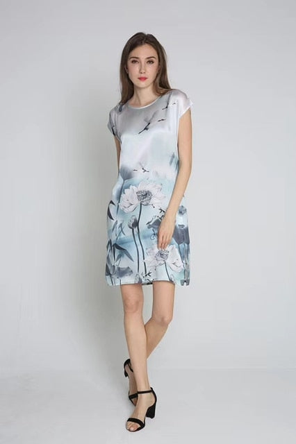 100% Silk Straight Dress Natural Pure Silk Women Dress Summer New Desigual Charmeuse Satin Dress Flower Printed Pattern Grey|dress flower