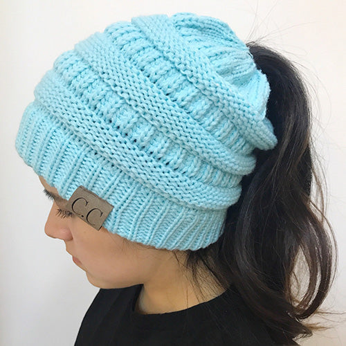 Women's Girl Stretch Knit Hat Messy Bun Ponytail Beanie Holey Warm Hats Winter