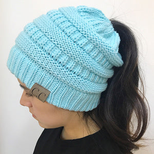 Women's Girl Stretch Knit Hat Messy Bun Ponytail Beanie Holey Warm Hats Winter