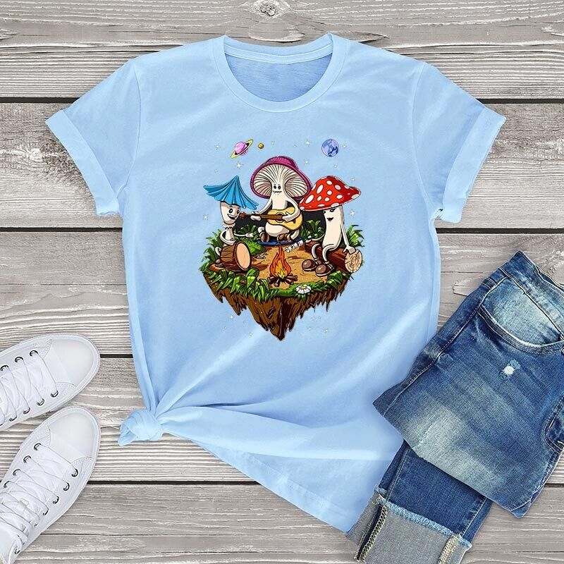 Psychedelic Forest Mushroom Tee Festival Summer Casual Oversized Camping T-shirt