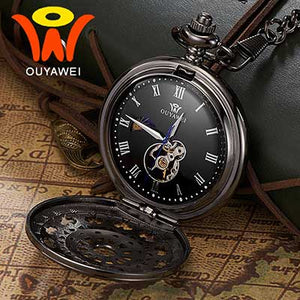 Ouyawei 2017 Mechanical Moon Phase Pocket Watches Retro Black Skeleton Dial Men Automatic Necklace Pocket Fob Watch With Chains