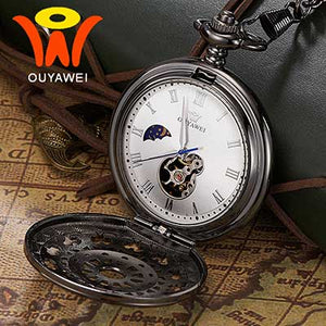 Ouyawei 2017 Mechanical Moon Phase Pocket Watches Retro Black Skeleton Dial Men Automatic Necklace Pocket Fob Watch With Chains