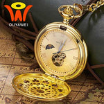 Load image into Gallery viewer, Ouyawei 2017 Mechanical Moon Phase Pocket Watches Retro Black Skeleton Dial Men Automatic Necklace Pocket Fob Watch With Chains
