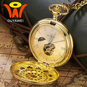 Ouyawei 2017 Mechanical Moon Phase Pocket Watches Retro Black Skeleton Dial Men Automatic Necklace Pocket Fob Watch With Chains