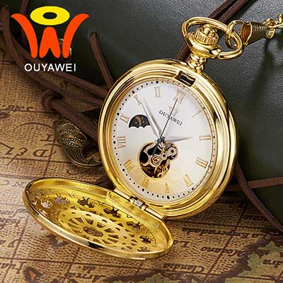 Ouyawei 2017 Mechanical Moon Phase Pocket Watches Retro Black Skeleton Dial Men Automatic Necklace Pocket Fob Watch With Chains