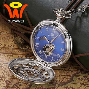 Ouyawei 2017 Mechanical Moon Phase Pocket Watches Retro Black Skeleton Dial Men Automatic Necklace Pocket Fob Watch With Chains