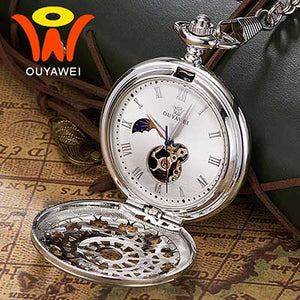 Ouyawei 2017 Mechanical Moon Phase Pocket Watches Retro Black Skeleton Dial Men Automatic Necklace Pocket Fob Watch With Chains