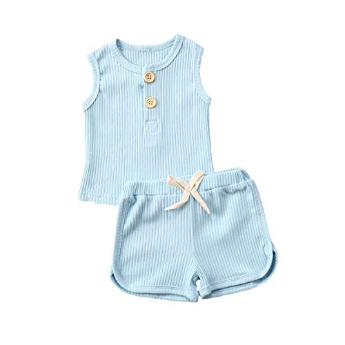 Newborn Baby Boys Girls Summer Outfits Infant Ribbed Knitted Cotton Short Sleeve T-Shirt + Shorts Two Piece Clothes Set