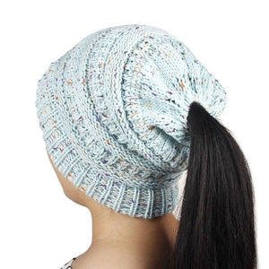 Women's Girl Stretch Knit Hat Messy Bun Ponytail Beanie Holey Warm Hats Winter