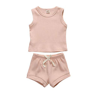 Newborn Baby Boys Girls Summer Outfits Infant Ribbed Knitted Cotton Short Sleeve T-Shirt + Shorts Two Piece Clothes Set