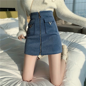 EACHIN Women High Waist Tweed Skirt Women Autumn Winter Fashion Front Zip Slim A Line Mini Skirt Female Sexy Korean Bottom Skirt|Skirts