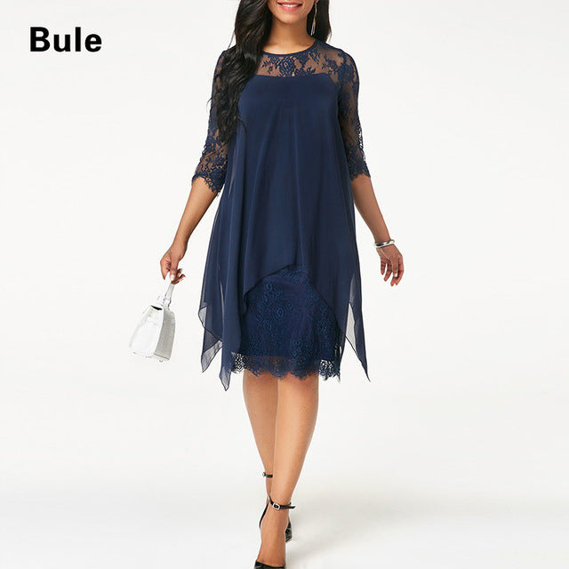 Plus Size Chiffon Dresses Women New Fashion Chiffon Overlay Three Quarter Sleeve Stitching Irregular Hem Lace Dress