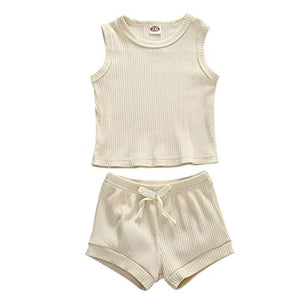 Newborn Baby Boys Girls Summer Outfits Infant Ribbed Knitted Cotton Short Sleeve T-Shirt + Shorts Two Piece Clothes Set